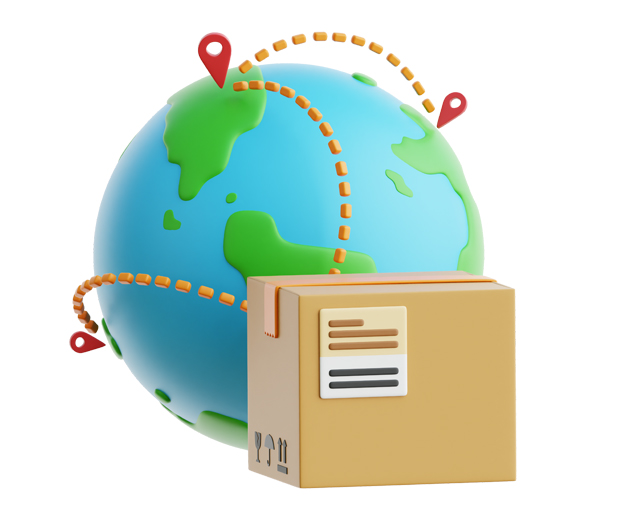 Global logistics network with world map and shipping routes