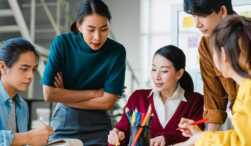 Team having a discussion in a meeting room