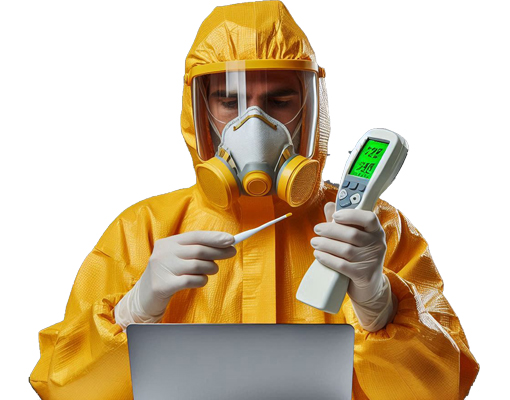 Worker measuring temperature of goods in warehouse